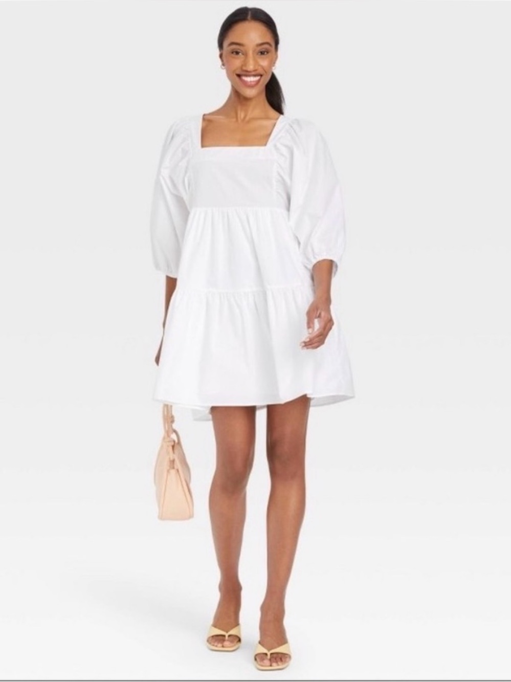 A New Day White Puff Sleeve Mini Dress Large Cottagecore Smocked Babydoll Dress